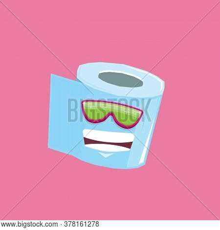 Vector Funny Cartoon Toilet Paper Roll Character With Sunglasses Isolated On Pink Background. Funky 