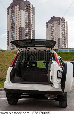 Novosibirsk, Russia - 07.06.2020: Honda Cr-v First Generation In White Color With Opened Trunk After
