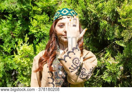 Armenian Young Woman In Traditional Clothes In The Forest