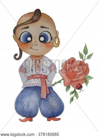 Watercolor Illustration. The Ukrainian Boy Is A Real Cossack With An Earring In His Ear And National