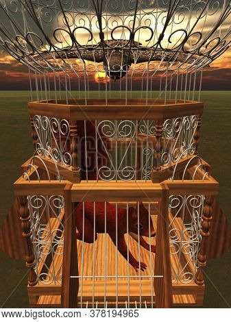 Hawk attacking squirrel in cage 3d rendering