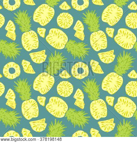 Seamless Pattern Of Sliced Slices And Whole Pineapples. Vector Illustration In The Style Of Hand Dra