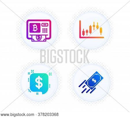 Payment Message, Candlestick Graph And Bitcoin Atm Icons Simple Set. Button With Halftone Dots. Fast