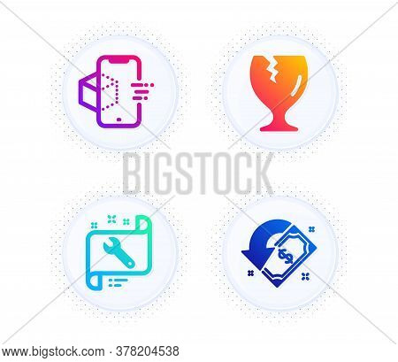 Spanner, Augmented Reality And Fragile Package Icons Simple Set. Button With Halftone Dots. Cashback