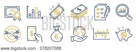 Set Of Finance Icons, Such As Targeting, Data Analysis. Certificate, Save Planet. Dollar, Money Bag,