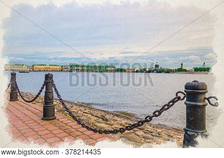 Watercolor Drawing Of Promenade Of Zayachy Hare Island With Fencing Chain Posts, Neva River, Citysca