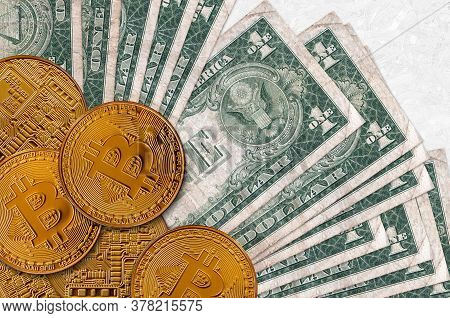 1 Us Dollar Bills And Golden Bitcoins. Cryptocurrency Investment Concept. Crypto Mining Or Trading