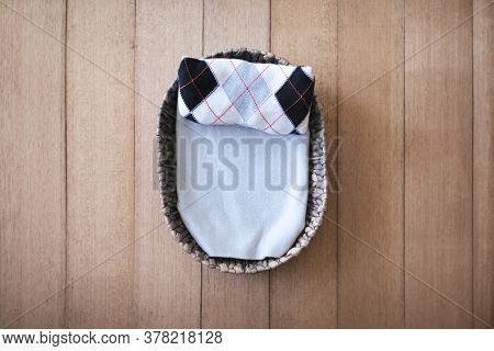 Newborn Digital Background - Natural Woven Basket With Light Gray Layer And Argyle  Grey, Brown And 