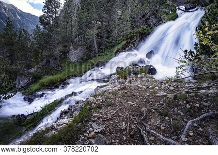 Mountain River Through A Pine Forest Panticosa Waterfall In The Spanish Pyrenees