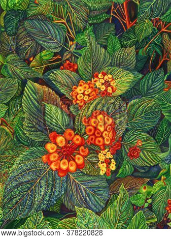 Bright Orange, Red And Yellow Flower Patches On The Deep Green Background
