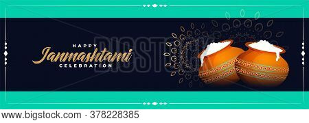 Decorative Happy Janmashtami Wide Banner With Dahi Handi