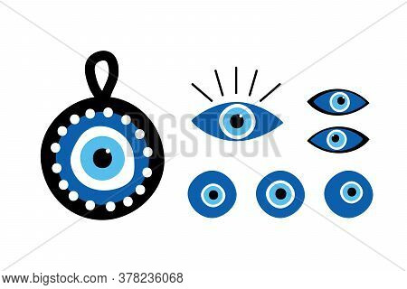 Set, Collection Of Turkish Blue Eye-shaped Amulets, Nazar Amulets, Evil Eye Protection Talismans.