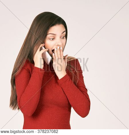 Pretty Girl Portrait. Woman Talking By Mobile Phone. Cute Conversation Concept. Commuter Device. Peo