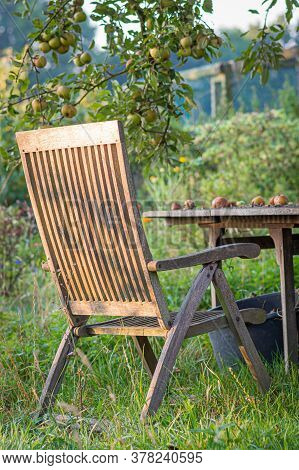 A Wooden Chair Is Outside In The Park