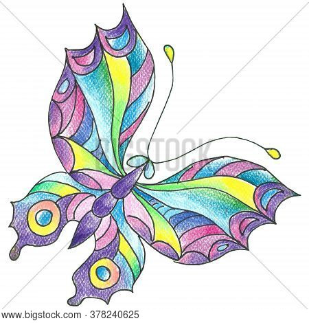Decorative Butterfly, Hand-drawn Crayons On A White Background