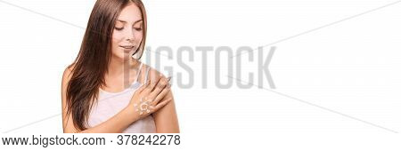 Beautiful Young Girl With Hand Cream. Skin Hydration Lotion. Sun Screen Product. Anti Tan Damage Pro