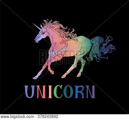 Handdrawn Skittish Unicorn And Word Unicorn Isolated On The White Background. Vector Illustration