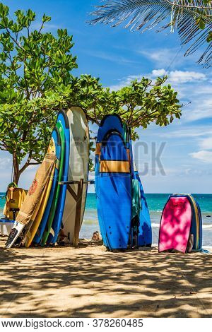 KUTA BALI - INDONESIA, FEBRUARY 7 : Surfboards on the famous beach of Kuta in Bali Indonesia February 7th, 2020