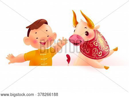Chinese New Year Banner With Happy Boy Character In Oriental Traditional Hanfu Suit, Bull Animal Mas