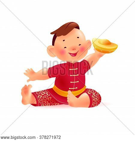 Happy Chinese Boy Character In Traditional Hanfu Suit With Gold Ingot Isolated On White Background. 
