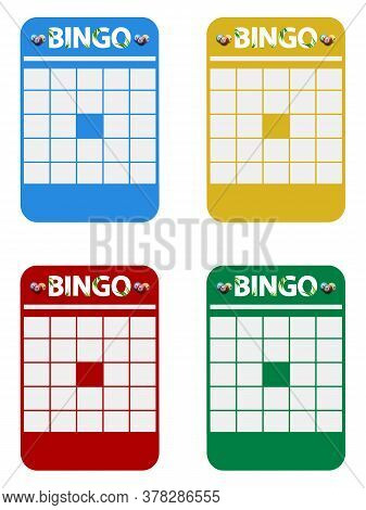 Four Blank Copy Space Bingo Cards Blue Yellow Red And Green With Bingo Decorative Text And Balls Ove