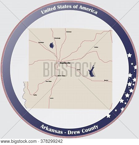Round Button With Detailed Map Of Drew County In Arkansas, Usa.