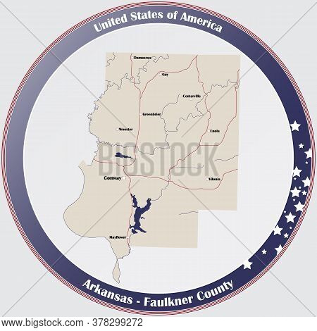Round Button With Detailed Map Of Faulkner County In Arkansas, Usa.