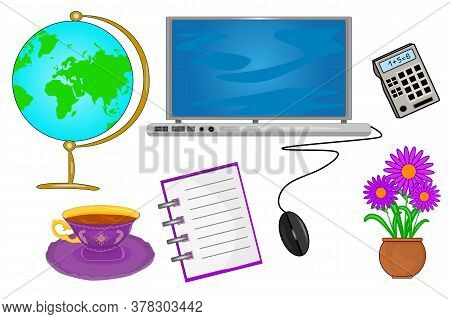 Set Of Office Supplies Isolated On White Background. Globe, Laptop, Coffee, Notebook, Mouse, Calcula
