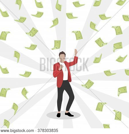 Winner Lottery, Man Get Fortune, Earnings Rain, Vector Businessman Successful In Pile Cash. Illustra