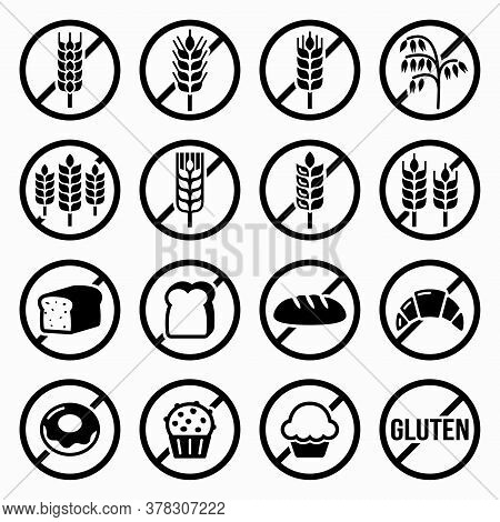 Gluten Free Warning Signs Vector Set Icons- No Wheat On Food, No Bread, No Cake, No Dessert
