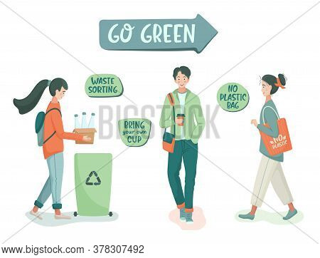 Eco Vector Illustration. Zero Waste Lifestyle. Go Green. People Sorting Waste And Use Eco Bag And Re