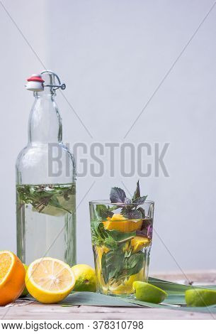 Basil Smash Gin Alcoholic Cocktail With Fresh Basil Leaves And Citrus. Mojito Cocktail With Lime, Le