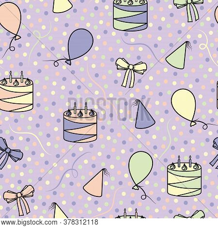 Pastel Purple And Multicolor Celebration Seamless Repeating Surface Pattern. Beautiful Vector Design