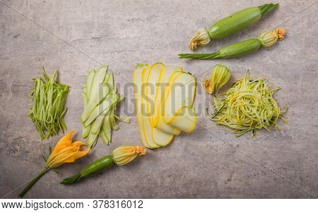 Zucchini Vegetable Noodles - Green Zoodles Or Courgette Spaghetti On Plate Over Gray Background. Cle
