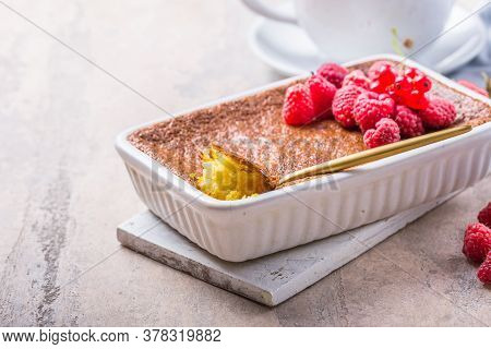 Rice Pudding. French Milk Rice Dessert With Raspberries. Rice Pudding.
