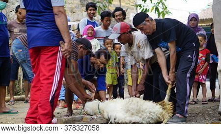Yogyakarta, Indonesia - August 11th 2019: Eid Al-adha Celebration. Muslim People Help Each Other In 