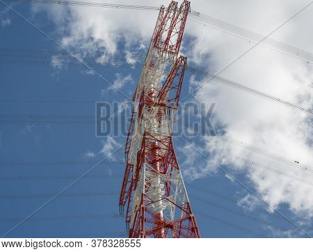 Highest Electricity Pylons, High Voltage Pylons In Europe On The Elbe Near Hamburg