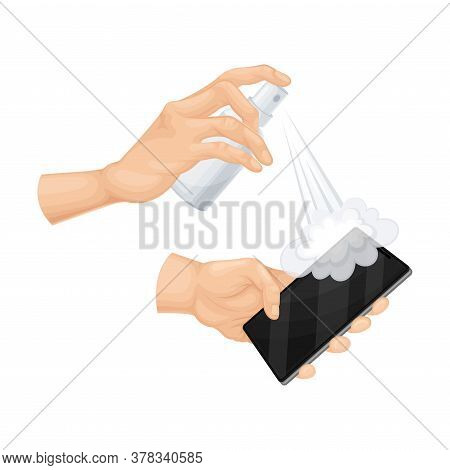 Hand Cleaning Smartphone Screen With Detergent And Disinfectant In Dispenser Bottle Vector Illustrat