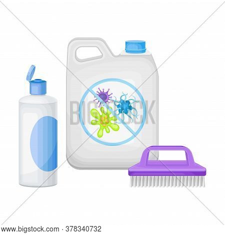 Detergent Or Disinfectant In Bottle And Broom For Household Chores Vector Illustration