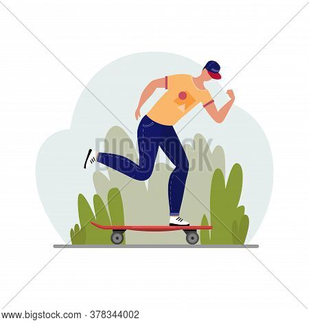 Healthy Lifestyle Concept. Image Of A Young Man Riding A Skateboard. Vector Stock Illustration. Flat