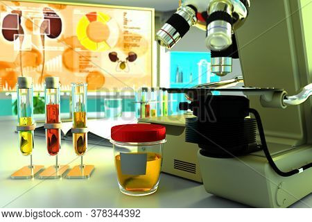 Urine Sample Test For Coronavirus Or Hypertension - Lab Proofs In Biotechnology Office, Medical 3d I