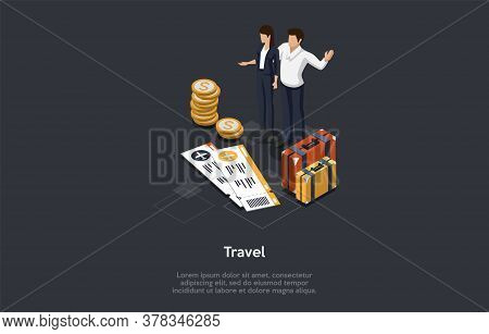 Family Travel And Vacations Concept. People Plan Vacations Buying Tickets, Packing Suitcases. Young 
