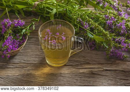 Fireweed Is A Healthy Herbal Tea. Mug Of Traditional Russian Drink Ivan Tea On A Wooden Background W