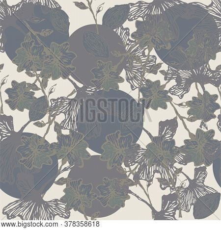 Bohemian Seamless Pattern With Ginkgo Leaves And Circles. Abstract Botanical Print. Vector Illustrat