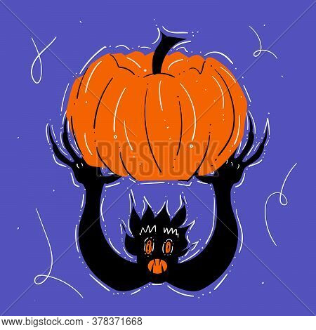 Happy Halloween Hand Drawn Illustration With Scary Monster With Arms Raised With Claws Holding A Hol
