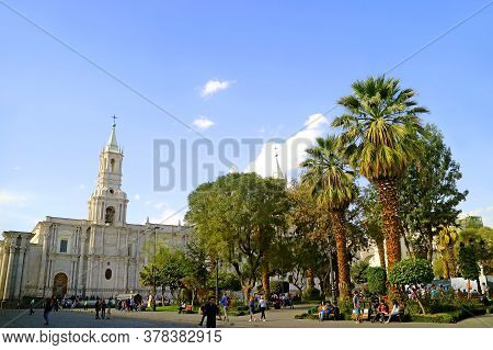 Plaza De Armas Square With The Remarkable Bell Tower Of Arequipa Cathedral, Arequipa Old City, Peru,