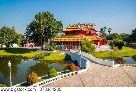 Phra Thinang Wehart Chamrun In Bang Pa-in Royal Palace Or The Summer Palace With Beautiful Garden In