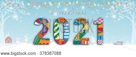 Typography Text Happy New Year 2021 Font In Geometric Style On Winter Landscape Background With Pola