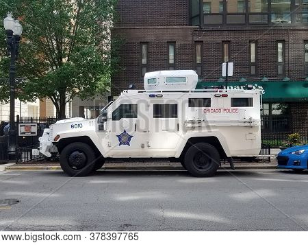 Chicago, Il June 9th, 2020, Chicago Police Department Cpd Armored Car Truck Parked Along The Side Of