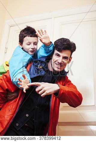 Faher And Son Together Having Fun At Home, Lifestyle Happy Family, People At Home